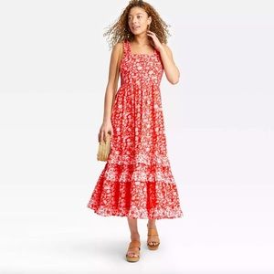 Floral Print Smocked Tiered Tank Dress - Universal Thread™ Red S